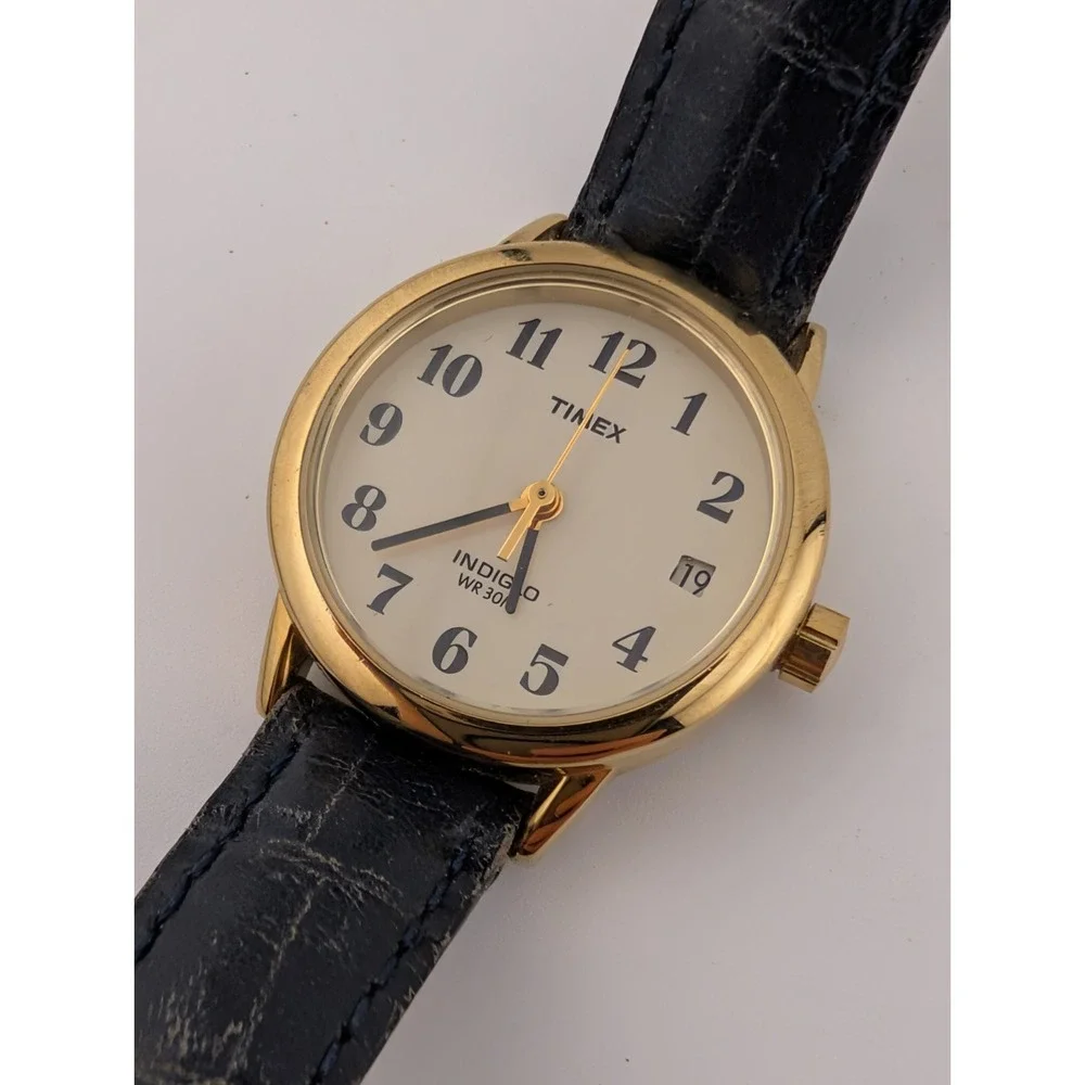 Timex Easy Reader Watch Women 25mm Gold Case Blue Leather Band- New Battery